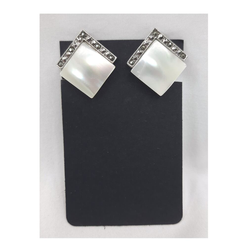 Vintage Art Deco Earrings Square Mother of Pearl Marcasite Border Silver Clip On